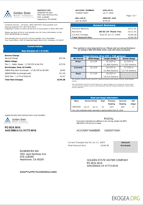 Modèle de facture de services publics de la Golden State Water Company des États Unis, de la Californie, aux formats Word et PDF